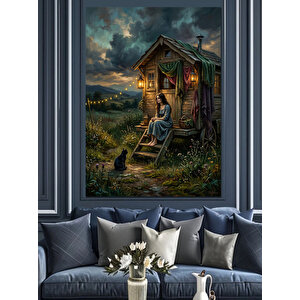 Gece Vakti Ormanda Kulübe Tablosu Dekoratif Kanvas - Mdf Ahşap Tablo 70x100 cm