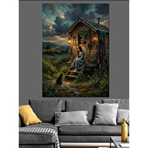 Gece Vakti Ormanda Kulübe Tablosu Dekoratif Kanvas - Mdf Ahşap Tablo 70x100 cm