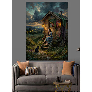 Gece Vakti Ormanda Kulübe Tablosu Dekoratif Kanvas - Mdf Ahşap Tablo 70x100 cm