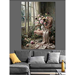 Pencere Kenarında Çiçekler Ve Kadın Dekoratif Kanvas - Mdf Ahşap Tablo 70x100 cm