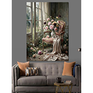 Pencere Kenarında Çiçekler Ve Kadın Dekoratif Kanvas - Mdf Ahşap Tablo 70x100 cm
