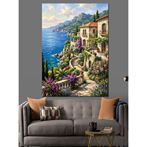 Akdeniz Sahili Çiçekli Ev Manzarası Dekoratif Kanvas - Mdf Ahşap Tablo 50x70 cm