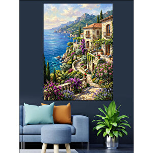 Akdeniz Sahili Çiçekli Ev Manzarası Dekoratif Kanvas - Mdf Ahşap Tablo 50x70 cm