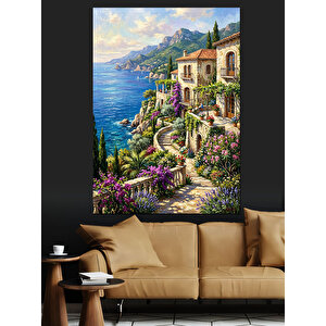 Akdeniz Sahili Çiçekli Ev Manzarası Dekoratif Kanvas - Mdf Ahşap Tablo 50x70 cm