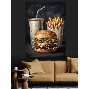 Hamburger Patates Kızartması Ve İçecek Dekoratif Kanvas - Mdf Ahşap Tablo 50x70 cm