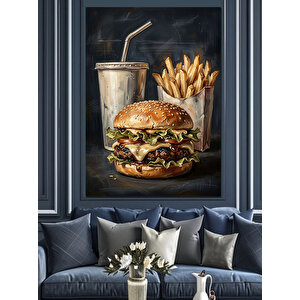 Hamburger Patates Kızartması Ve İçecek Dekoratif Kanvas - Mdf Ahşap Tablo 50x70 cm