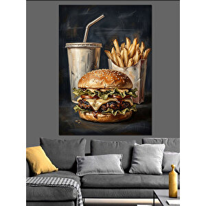 Hamburger Patates Kızartması Ve İçecek Dekoratif Kanvas - Mdf Ahşap Tablo 50x70 cm