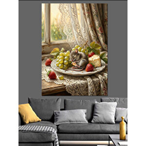 Pencere Önünde Meyve Yiyen Fare Dekoratif Kanvas - Mdf Ahşap Tablo 100x140 cm
