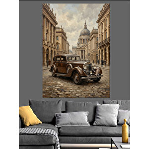 Eski Şehir Sokağında Klasik Araba Dekoratif Kanvas - Mdf Ahşap Tablo 100x140 cm