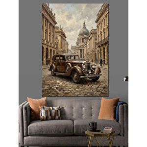 Eski Şehir Sokağında Klasik Araba Dekoratif Kanvas - Mdf Ahşap Tablo 100x140 cm