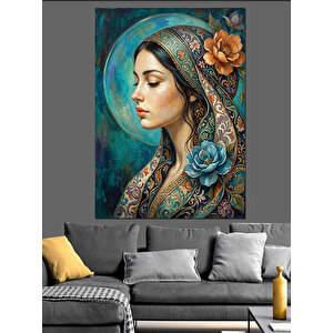 Mavi Çiçekli Ve Başörtülü Kadın Dekoratif Kanvas - Mdf Ahşap Tablo 70x100 cm