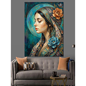 Mavi Çiçekli Ve Başörtülü Kadın Dekoratif Kanvas - Mdf Ahşap Tablo 70x100 cm