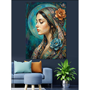 Mavi Çiçekli Ve Başörtülü Kadın Dekoratif Kanvas - Mdf Ahşap Tablo 70x100 cm