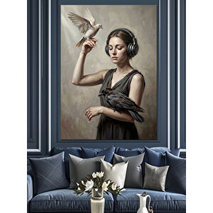 Kulaklıklı Ve Güvercinli Kadın Portresi Dekoratif Kanvas - Mdf Ahşap Tablo 50x70 cm