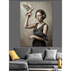 Kulaklıklı Ve Güvercinli Kadın Portresi Dekoratif Kanvas - Mdf Ahşap Tablo 50x70 cm