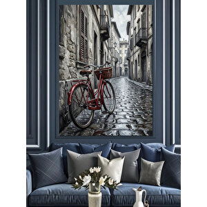 Siyah Beyaz Sokakta Kırmızı Bisiklet Dekoratif Kanvas - Mdf Ahşap Tablo 50x70 cm