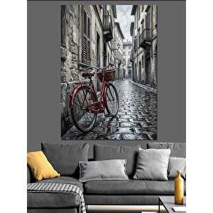 Siyah Beyaz Sokakta Kırmızı Bisiklet Dekoratif Kanvas - Mdf Ahşap Tablo 50x70 cm
