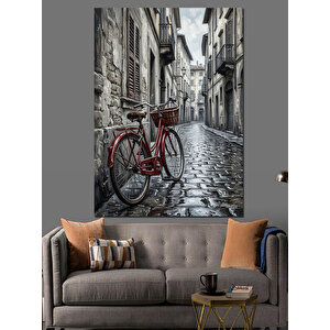 Siyah Beyaz Sokakta Kırmızı Bisiklet Dekoratif Kanvas - Mdf Ahşap Tablo 50x70 cm