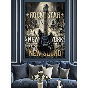 Rock Star New York Yazısı Dekoratif Kanvas - Mdf Ahşap Tablo 100x140 cm