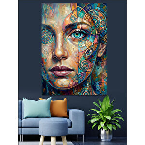 Desenli Ve Renkli Kadın Portresi Dekoratif Kanvas - Mdf Ahşap Tablo 50x70 cm