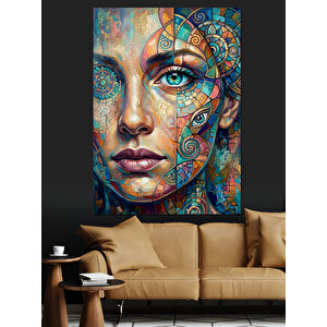 Desenli Ve Renkli Kadın Portresi Dekoratif Kanvas - Mdf Ahşap Tablo 50x70 cm