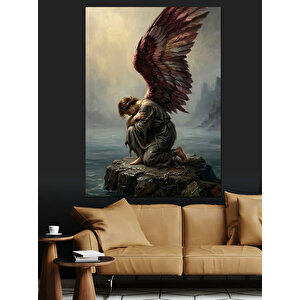 Kayalıkta Duran Kanatlı Melek Heykeli Dekoratif Kanvas - Mdf Ahşap Tablo 50x70 cm