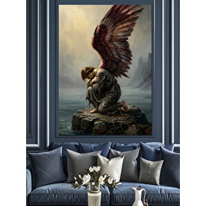 Kayalıkta Duran Kanatlı Melek Heykeli Dekoratif Kanvas - Mdf Ahşap Tablo 50x70 cm