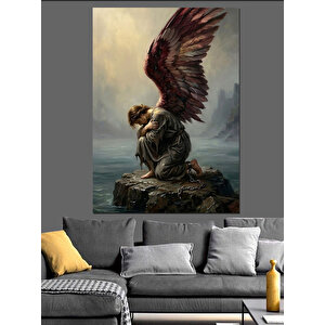 Kayalıkta Duran Kanatlı Melek Heykeli Dekoratif Kanvas - Mdf Ahşap Tablo 50x70 cm