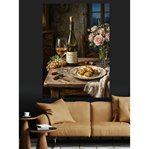 Şarap Şişesi Ve Makarna Sofrası Dekoratif Kanvas - Mdf Ahşap Tablo 50x70 cm