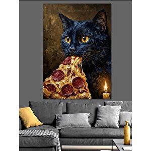 Pizza Yiyen Karizmatik Siyah Kedi Dekoratif Kanvas - Mdf Ahşap Tablo 70x100 cm