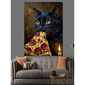Pizza Yiyen Karizmatik Siyah Kedi Dekoratif Kanvas - Mdf Ahşap Tablo 70x100 cm