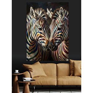Renkli Çizgili İki Zebra Portresi Dekoratif Kanvas - Mdf Ahşap Tablo 50x70 cm