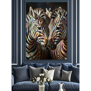 Renkli Çizgili İki Zebra Portresi Dekoratif Kanvas - Mdf Ahşap Tablo 50x70 cm