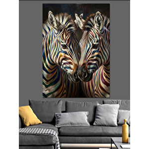 Renkli Çizgili İki Zebra Portresi Dekoratif Kanvas - Mdf Ahşap Tablo 50x70 cm