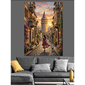 Gün Batımında Galata Kulesi Ve Kadın Dekoratif Kanvas - Mdf Ahşap Tablo 70x100 cm