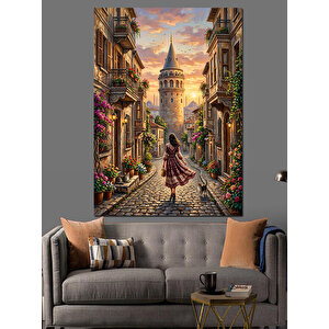 Gün Batımında Galata Kulesi Ve Kadın Dekoratif Kanvas - Mdf Ahşap Tablo 70x100 cm