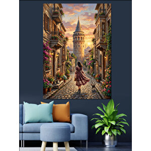 Gün Batımında Galata Kulesi Ve Kadın Dekoratif Kanvas - Mdf Ahşap Tablo 70x100 cm