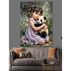 Panda Tutan Küçük Kız Portresi Dekoratif Kanvas - Mdf Ahşap Tablo 70x100 cm