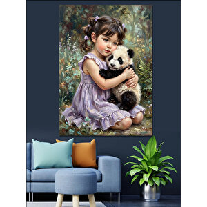 Panda Tutan Küçük Kız Portresi Dekoratif Kanvas - Mdf Ahşap Tablo 70x100 cm