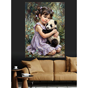 Panda Tutan Küçük Kız Portresi Dekoratif Kanvas - Mdf Ahşap Tablo 70x100 cm
