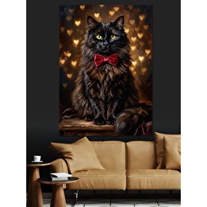 Kırmızı Papyonlu Siyah Tüylü Kedi Dekoratif Kanvas - Mdf Ahşap Tablo 50x70 cm