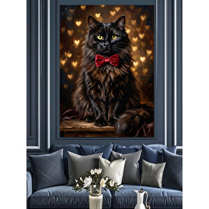 Kırmızı Papyonlu Siyah Tüylü Kedi Dekoratif Kanvas - Mdf Ahşap Tablo 50x70 cm