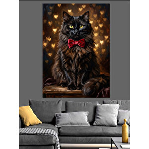 Kırmızı Papyonlu Siyah Tüylü Kedi Dekoratif Kanvas - Mdf Ahşap Tablo 50x70 cm
