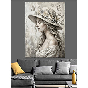 Çiçekli Şapkalı Zarif Kadın Portresi Dekoratif Kanvas - Mdf Ahşap Tablo 100x140 cm