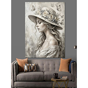 Çiçekli Şapkalı Zarif Kadın Portresi Dekoratif Kanvas - Mdf Ahşap Tablo 100x140 cm