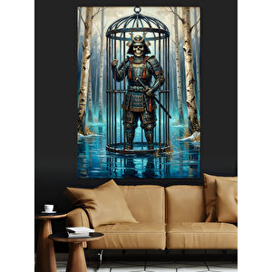 Kafes İçinde Duran Samuray Zırhı Dekoratif Kanvas - Mdf Ahşap Tablo 50x70 cm