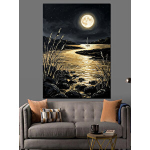 Gece Vakti Ay Işığı Manzarası Dekoratif Kanvas - Mdf Ahşap Tablo 70x100 cm