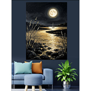 Gece Vakti Ay Işığı Manzarası Dekoratif Kanvas - Mdf Ahşap Tablo 70x100 cm