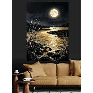 Gece Vakti Ay Işığı Manzarası Dekoratif Kanvas - Mdf Ahşap Tablo 70x100 cm
