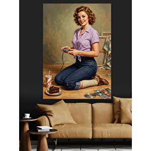 Bilgisayar Oyunu Oynayan Vintage Kadın Dekoratif Kanvas - Mdf Ahşap Tablo 100x140 cm
